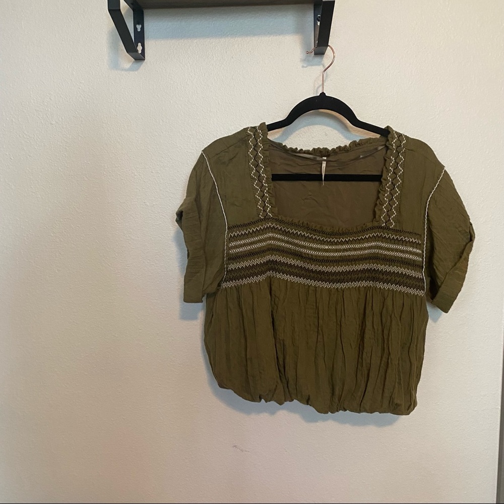 Free People | Army Green Embroidered Cropped Blouse | M